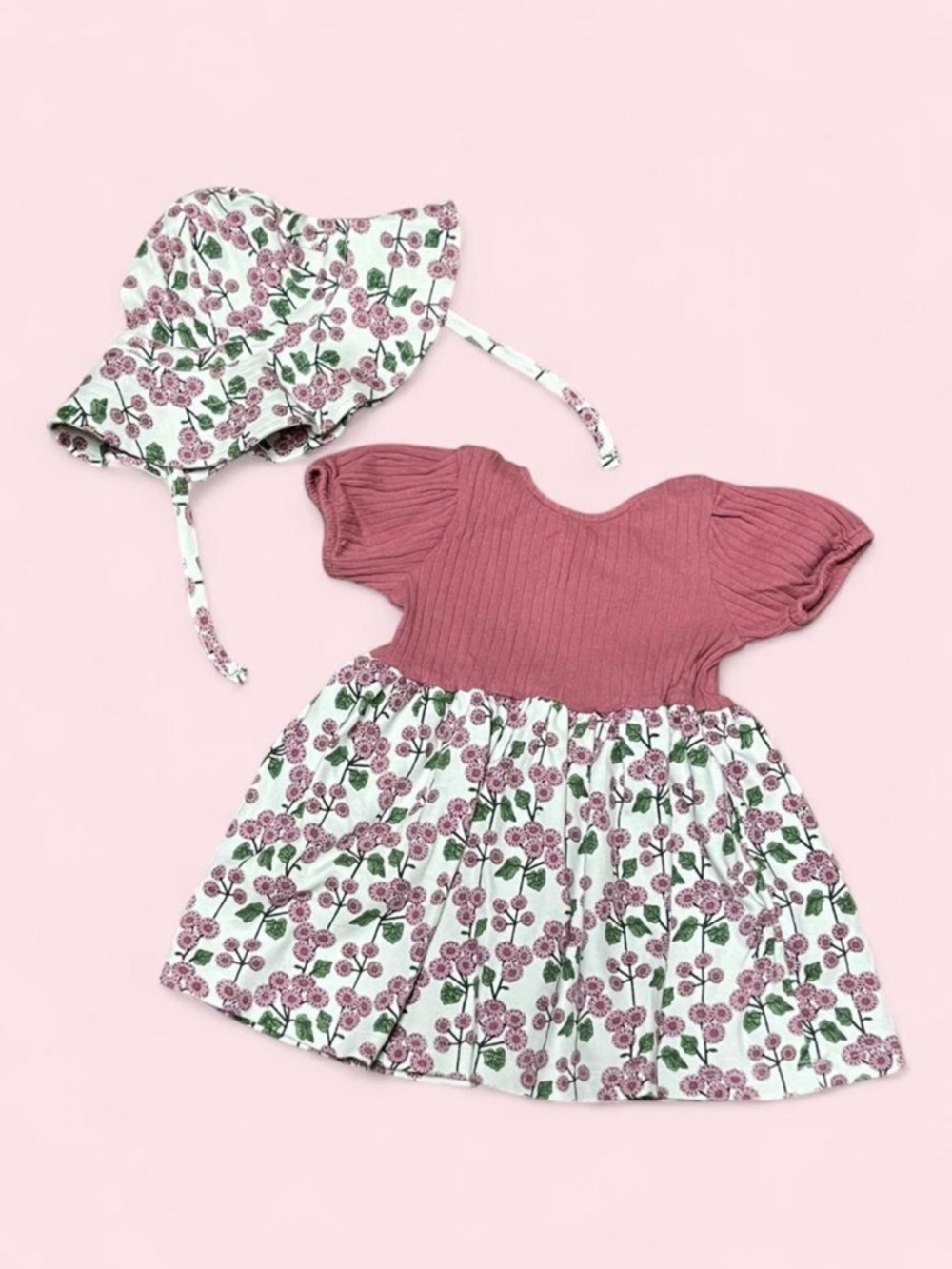 Kate Quinn Organic Cotton Floral Dress Bonnet Set 12-18M White Mauve Cottagecore